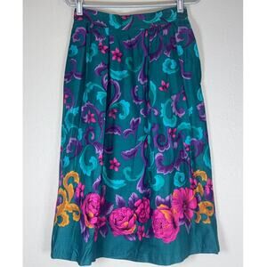 Vintage 90s Bright Teal Tropical Floral Midi Skirt Womens Small Print Boho Retro
